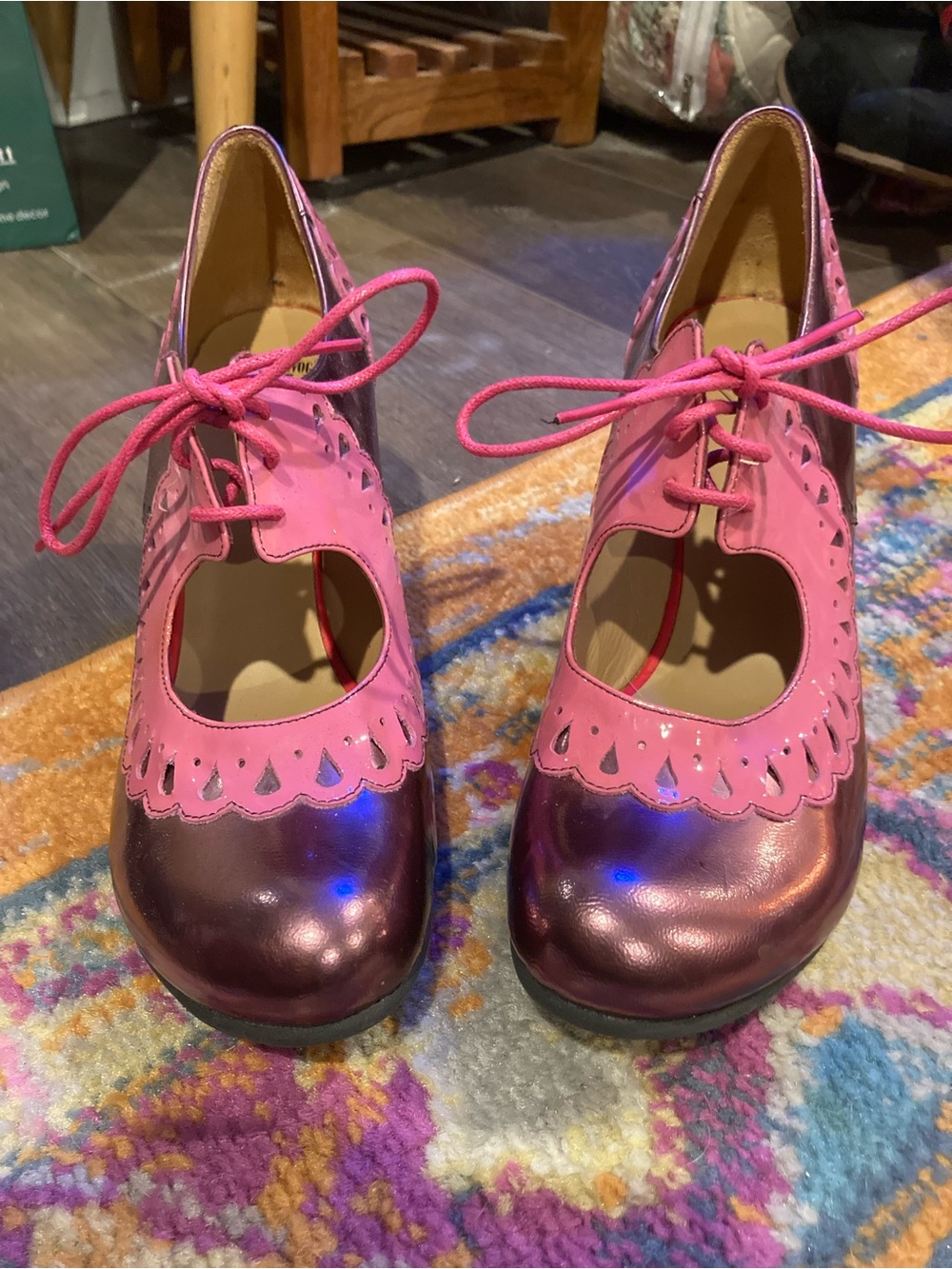 John Fluevog Pink Two-Tone Lace-Up Mary Jane Heels